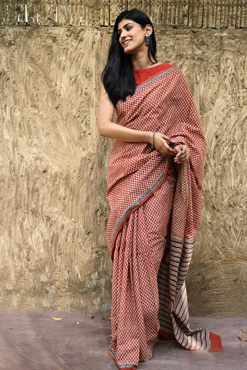 The ICH Bagru Statements : Hand Block Printed Cotton Saree - Gerua Rekh