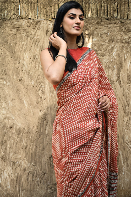 The ICH Bagru Statements : Hand Block Printed Cotton Saree - Gerua Rekh