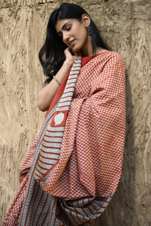 The ICH Bagru Statements : Hand Block Printed Cotton Saree - Gerua Rekh