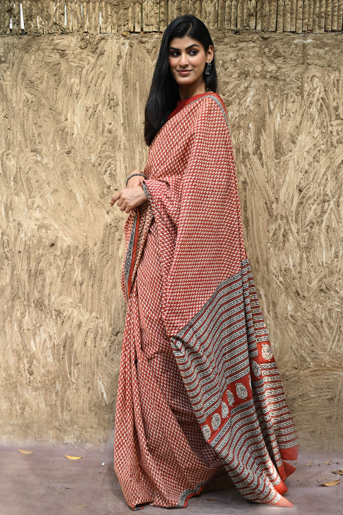 The ICH Bagru Statements : Hand Block Printed Cotton Saree - Gerua Rekh
