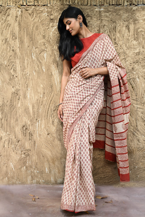 The ICH Bagru Statements : Hand Block Printed Cotton Saree - Dhara Phool