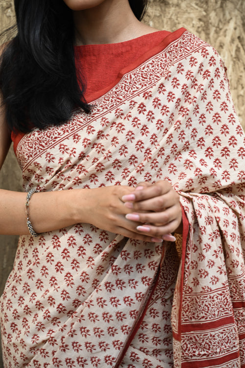 The ICH Bagru Statements : Hand Block Printed Cotton Saree - Dhara Phool