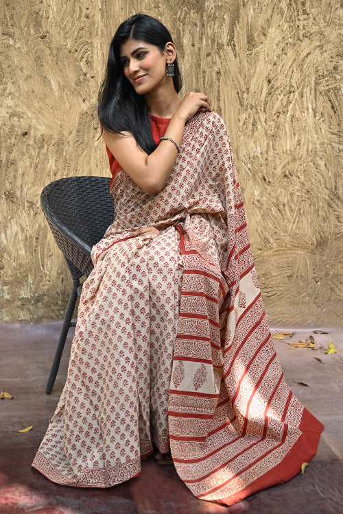 The ICH Bagru Statements : Hand Block Printed Cotton Saree - Dhara Phool
