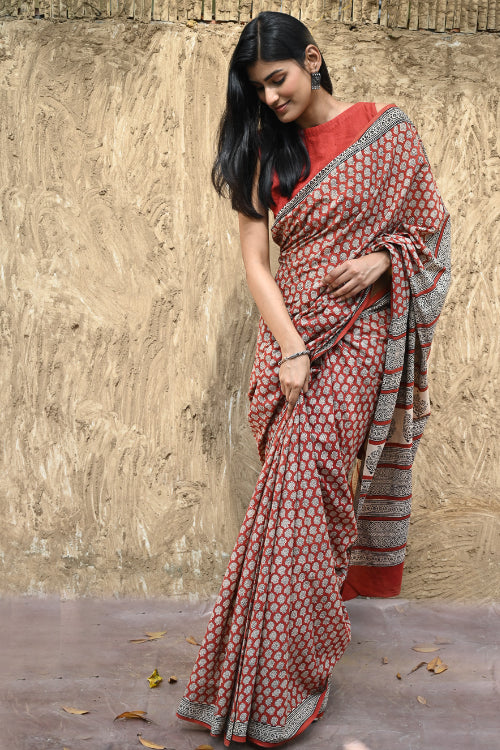 The ICH Bagru Statements : Hand Block Printed Cotton Saree - Mandala Rang