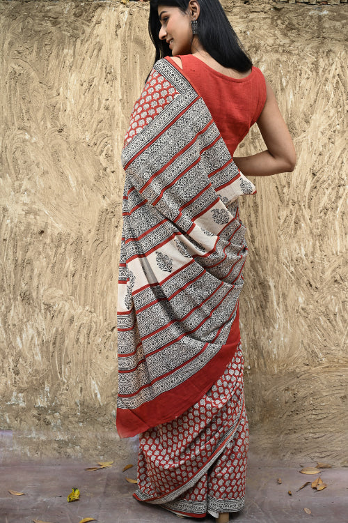 The ICH Bagru Statements : Hand Block Printed Cotton Saree - Mandala Rang