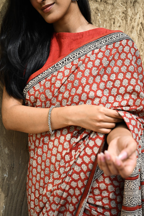 The ICH Bagru Statements : Hand Block Printed Cotton Saree - Mandala Rang