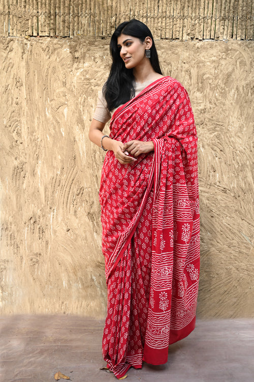 The ICH Dabu Vibes : Hand Block Printed Cotton Saree - Rakta Pallavi
