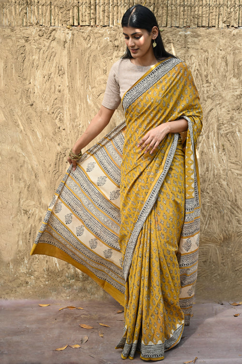 The ICH Bagru Statements : Hand Block Printed Cotton Saree - Kesarika