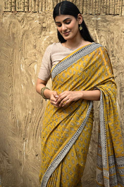 The ICH Bagru Statements : Hand Block Printed Cotton Saree - Kesarika