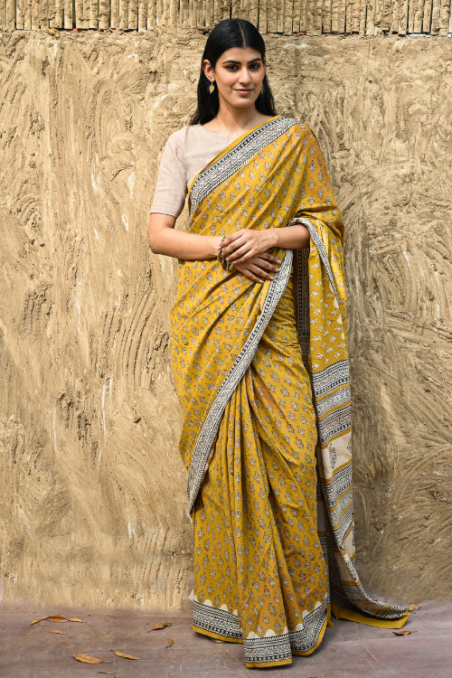 The ICH Bagru Statements : Hand Block Printed Cotton Saree - Kesarika