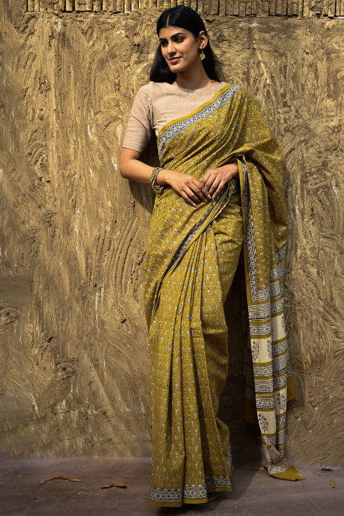 The ICH Bagru Statements : Hand Block Printed Cotton Saree - Peetambari