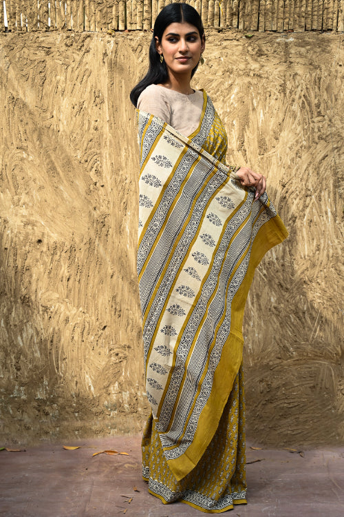 The ICH Bagru Statements : Hand Block Printed Cotton Saree - Peetambari