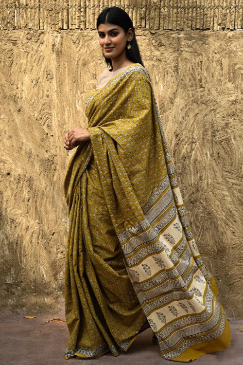 The ICH Bagru Statements : Hand Block Printed Cotton Saree - Peetambari