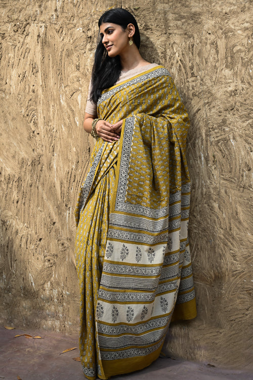 The ICH Bagru Statements : Hand Block Printed Cotton Saree - Peetambari