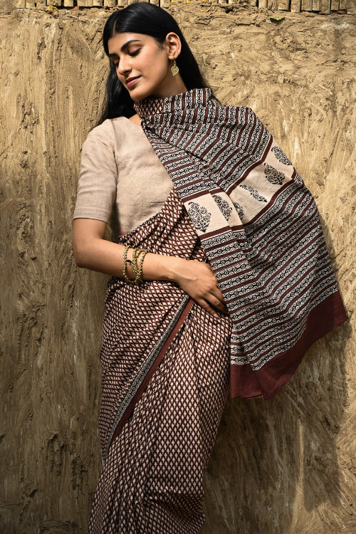 The ICH Bagru Statements : Hand Block Printed Cotton Saree - Mridang Jaal