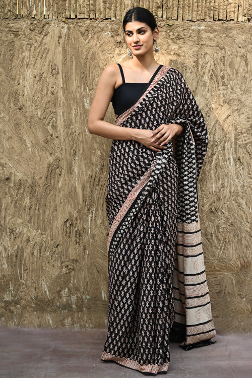 The ICH Bagru Statements : Hand Block Printed Cotton Saree - Shyam Phooljaal