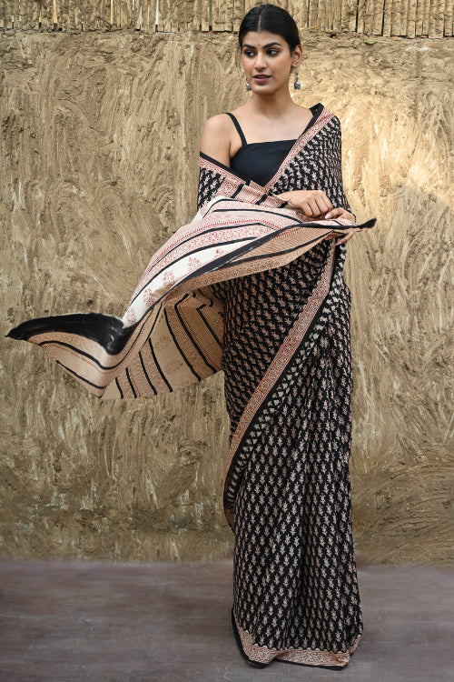 The ICH Bagru Statements : Hand Block Printed Cotton Saree - Shyam Phooljaal