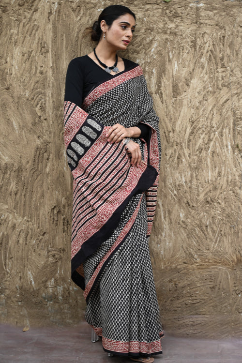 The ICH Bagru Statements : Hand Block Printed Cotton Saree - Butidar