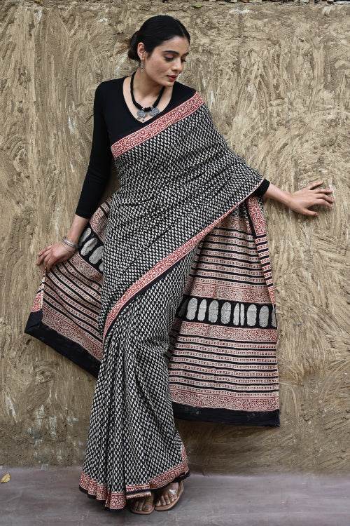 The ICH Bagru Statements : Hand Block Printed Cotton Saree - Butidar