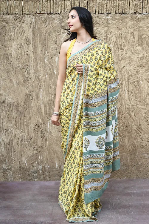 The ICH Sanganer Summers : Hand Block Printed Mul Cotton Saree - Aayo Basant