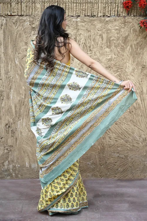 The ICH Sanganer Summers : Hand Block Printed Mul Cotton Saree - Aayo Basant