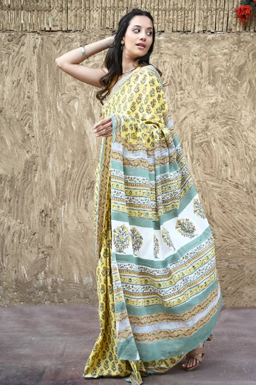 The ICH Sanganer Summers : Hand Block Printed Mul Cotton Saree - Aayo Basant