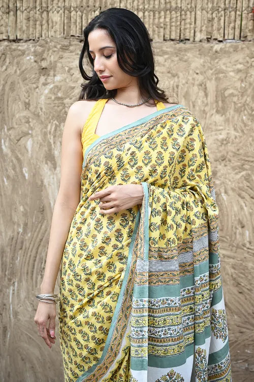 The ICH Sanganer Summers : Hand Block Printed Mul Cotton Saree - Aayo Basant