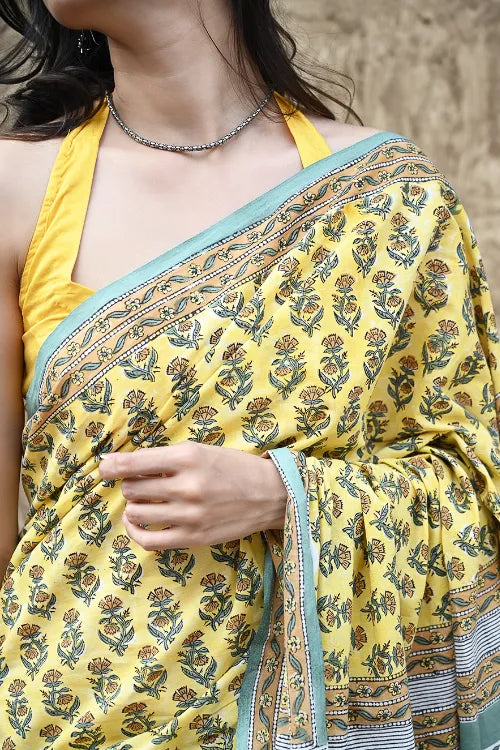 The ICH Sanganer Summers : Hand Block Printed Mul Cotton Saree - Aayo Basant