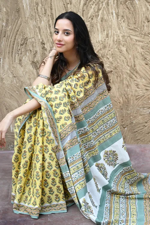 The ICH Sanganer Summers : Hand Block Printed Mul Cotton Saree - Aayo Basant