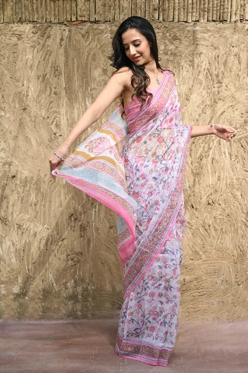 The ICH Sanganer Summers : Hand Block Printed Kota Doria Saree - Gulabi Meadow