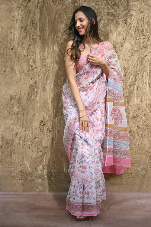 The ICH Sanganer Summers : Hand Block Printed Kota Doria Saree - Gulabi Meadow
