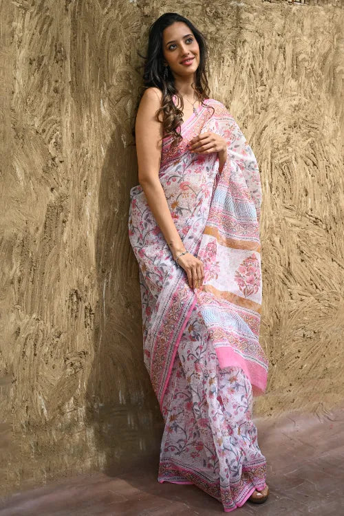 The ICH Sanganer Summers : Hand Block Printed Kota Doria Saree - Gulabi Meadow