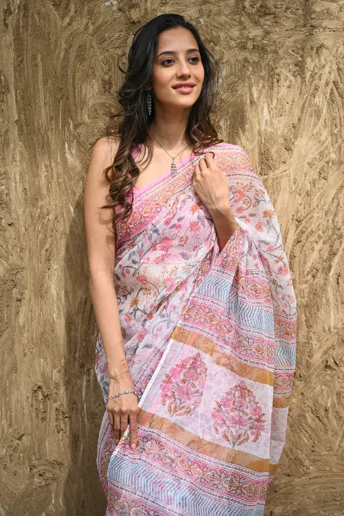 The ICH Sanganer Summers : Hand Block Printed Kota Doria Saree - Gulabi Meadow