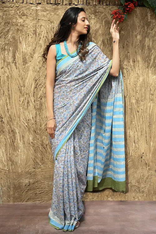 The ICH Sanganer Summers : Hand Block Printed Mul Cotton Saree - Dhusar Neel