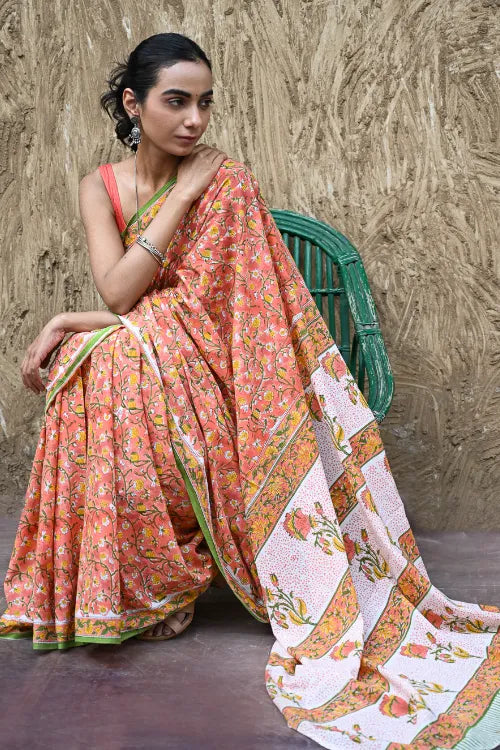 The ICH Sanganer Summers : Hand Block Printed Mul Cotton Saree - Sinduri Bel
