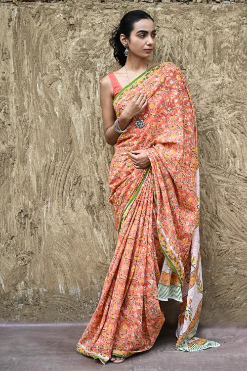 The ICH Sanganer Summers : Hand Block Printed Mul Cotton Saree - Sinduri Bel