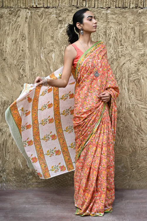 The ICH Sanganer Summers : Hand Block Printed Mul Cotton Saree - Sinduri Bel