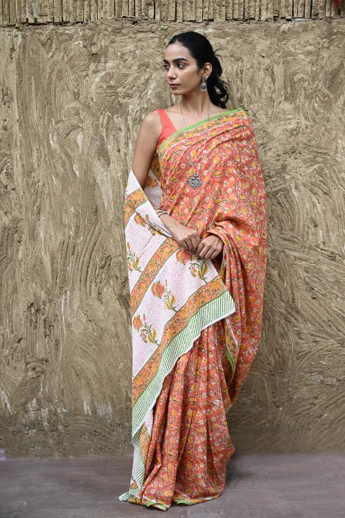 The ICH Sanganer Summers : Hand Block Printed Mul Cotton Saree - Sinduri Bel