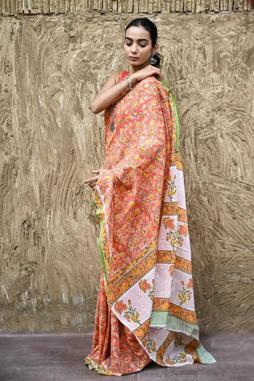 The ICH Sanganer Summers : Hand Block Printed Mul Cotton Saree - Sinduri Bel