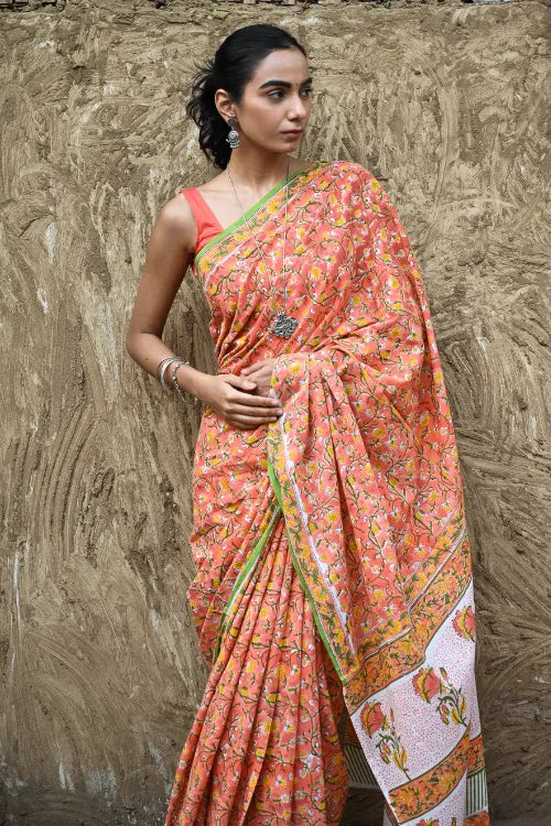 The ICH Sanganer Summers : Hand Block Printed Mul Cotton Saree - Sinduri Bel