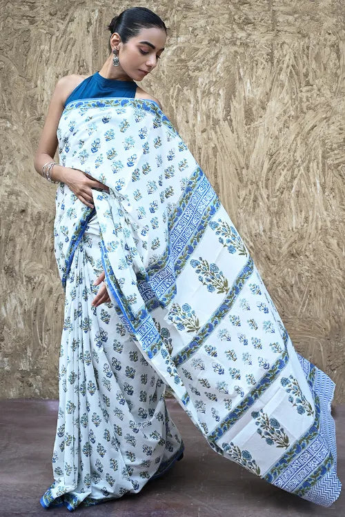 The ICH Sanganer Summers : Hand Block Printed Mul Cotton Saree - Champa Aur Buta