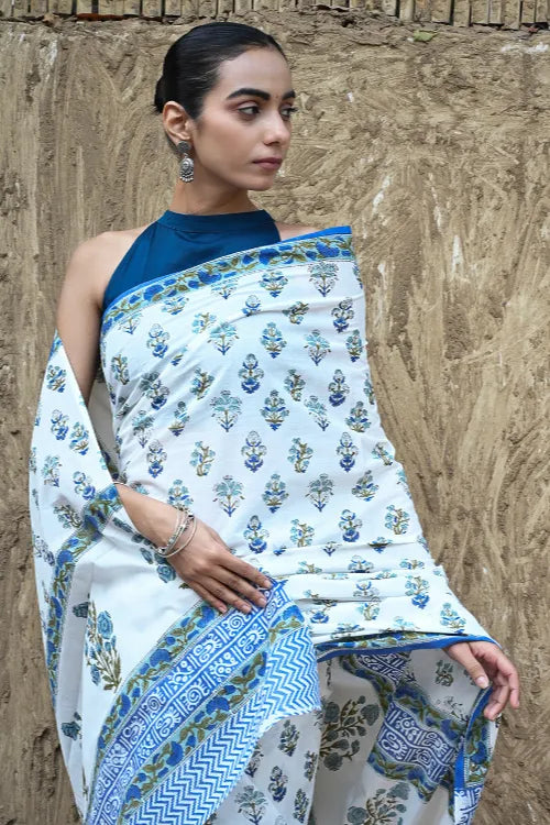 The ICH Sanganer Summers : Hand Block Printed Mul Cotton Saree - Champa Aur Buta