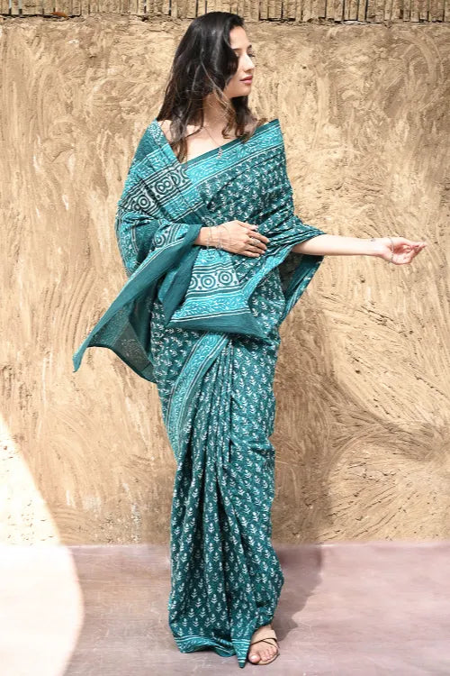 Dabu Vibes : Hand Block Printed Cotton Saree - Teal Butis