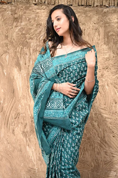 Dabu Vibes : Hand Block Printed Cotton Saree - Teal Butis