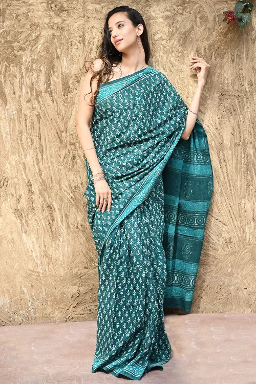 Dabu Vibes : Hand Block Printed Cotton Saree - Teal Butis