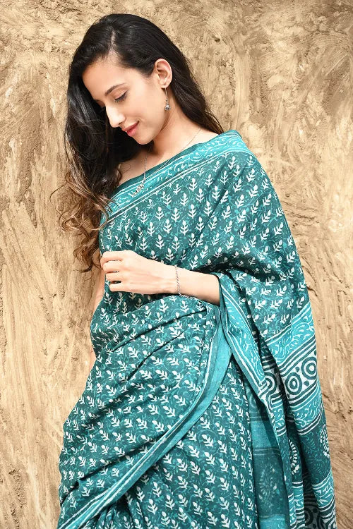 Dabu Vibes : Hand Block Printed Cotton Saree - Teal Butis