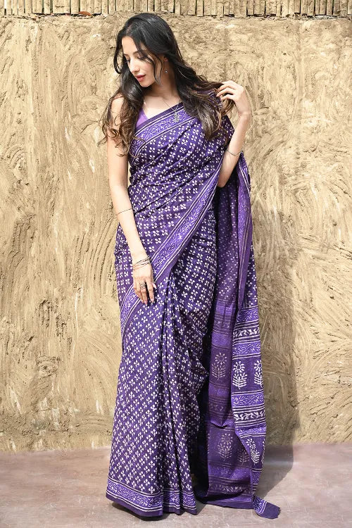Dabu Vibes : Hand Block Printed Cotton Saree - Jaamuni Baag