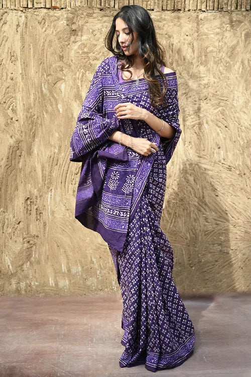 Dabu Vibes : Hand Block Printed Cotton Saree - Jaamuni Baag