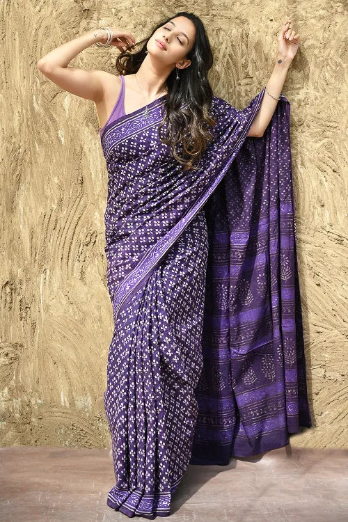 Dabu Vibes : Hand Block Printed Cotton Saree - Jaamuni Baag