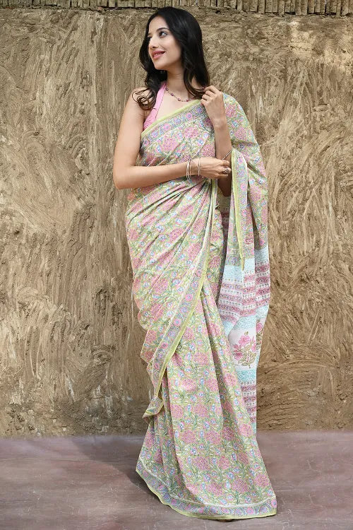 Sanganer Summers : Hand Block Printed Cotton Saree - Sweet Alyssum